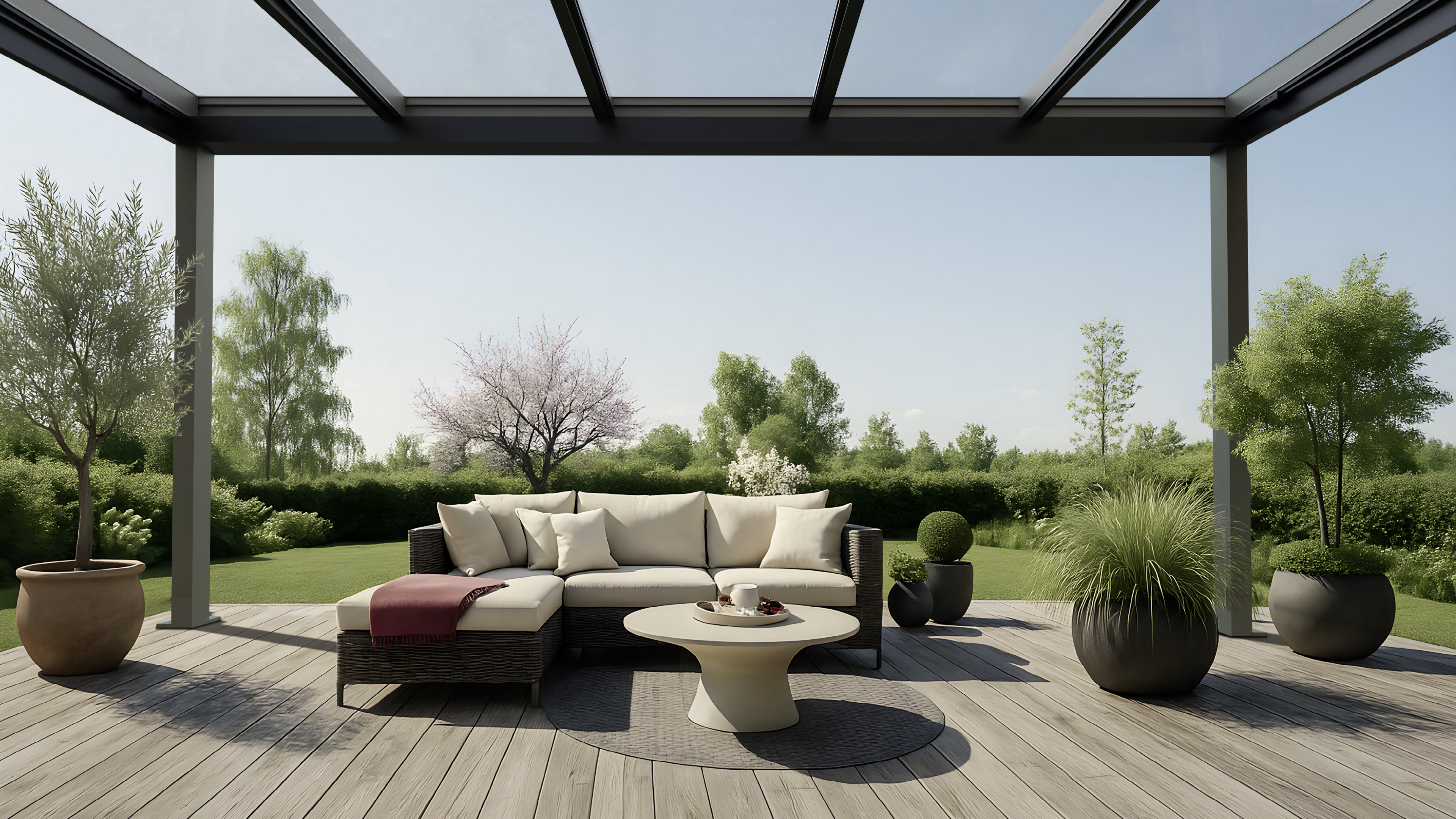 Weinor Terrassendach Terrazza Pure Max über einer Sitzecke im Garten